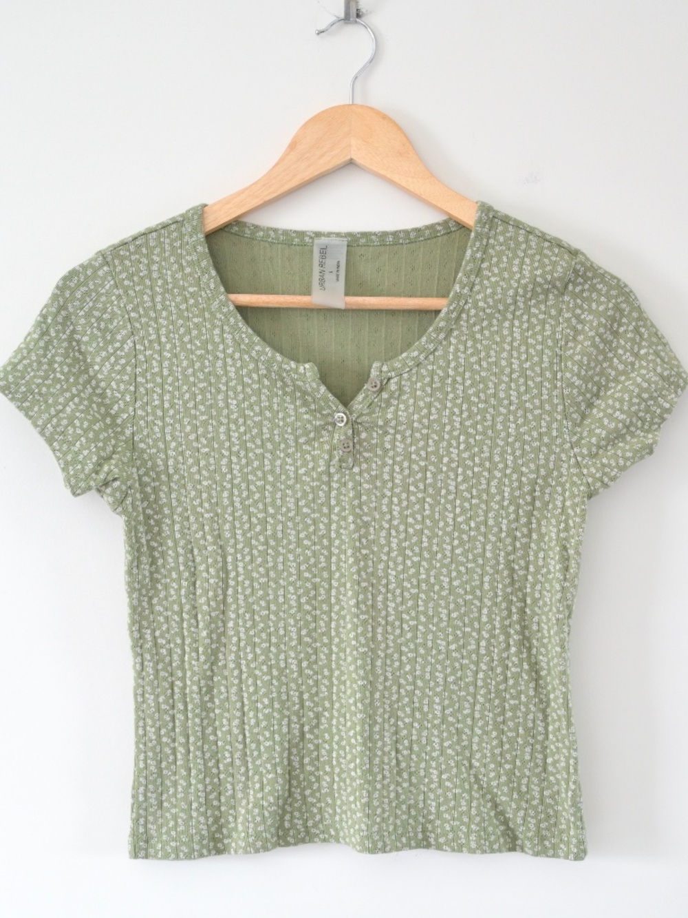 Urban Rebel Green White Floral Pointelle Baby Tee L